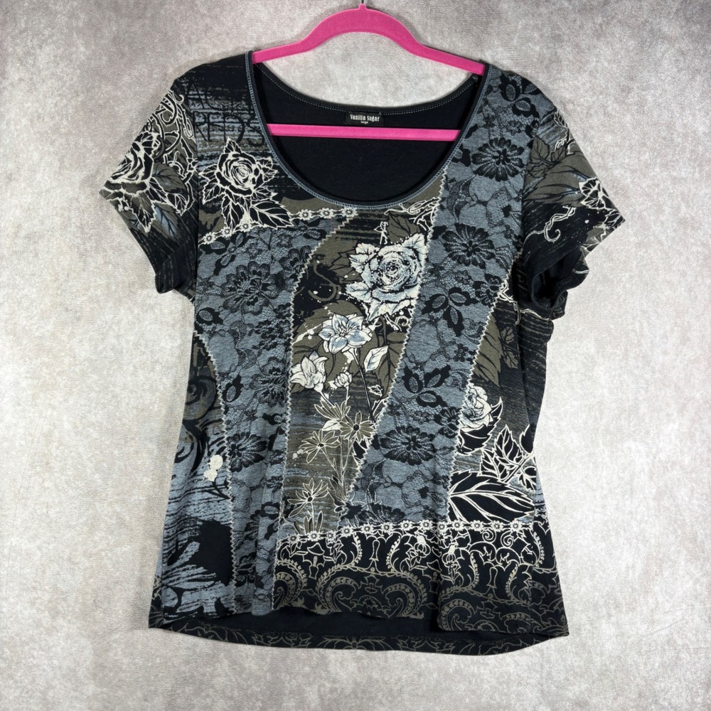 Vanilla Sugar Top Women L Black Floral Rose Paisley Short Sleeve Graphic Tee y2k